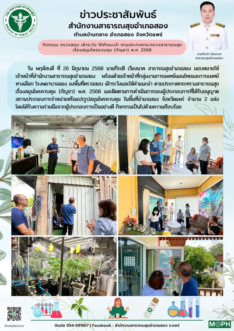 ตรวจสอบ เฝ้าระวัง ให้คำแนะนำ ตามประกาศกระทรวงสาธารณสุข เรื่อง สมุนไพรควบคุม (กัญชา) เมื่อวันที่ 26 มิถุนายน 2568