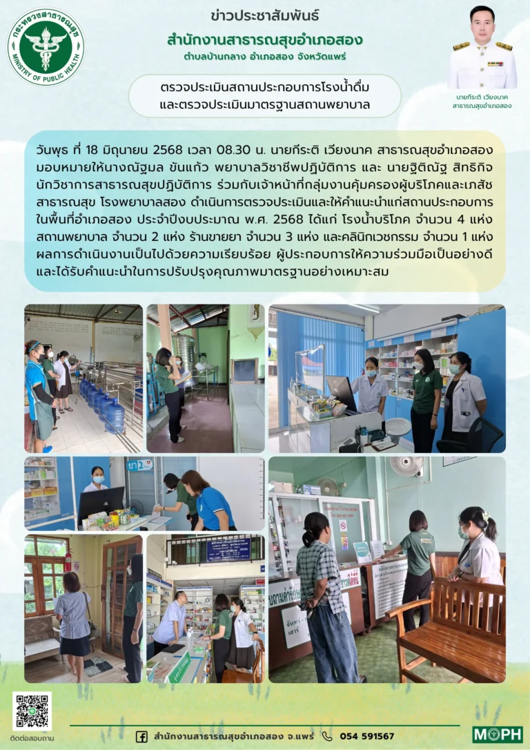 ตรวจประเมินสถานประกอบการโรงน้ำดื่ม และตรวจประเมินมาตรฐานสถานพยาบาล เมื่อวันที่ 18 มิถุนายน 2568